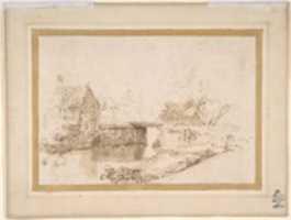 Free download Landscape with a Draughtsman Seated by a River, a Bridge and a Cottage Behind free photo or picture to be edited with GIMP online image editor