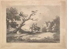 Free download Landscape with Figures on Horseback, Another Resting Under a Gnarled Tree, and a Cottage at Right Nestled in Trees (from Imitations of Modern Drawings) free photo or picture to be edited with GIMP online image editor