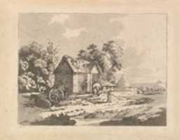 Free download Landscape with Figures Storing Hay in a Barn, a Cart and Horse Lying Down at Left (from Imitations of Modern Drawings) free photo or picture to be edited with GIMP online image editor