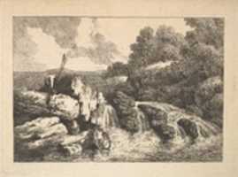 Free download Landscape with Two Fishermen Climbing Rocks Next to a Waterfall (from Imitations of Modern Drawings) free photo or picture to be edited with GIMP online image editor