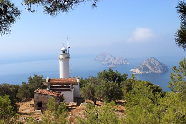 Free download lighthouse coast sea islands trees free picture to be edited with GIMP free online image editor