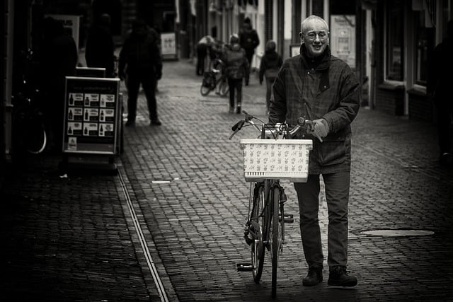 Free download man bicycle basket black and white free picture to be edited with GIMP free online image editor