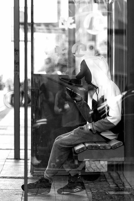 Free download man bus stop smartphone street free picture to be edited with GIMP free online image editor