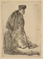 Free download Man in a Cloak and Fur Cap, Leaning against a Bank free photo or picture to be edited with GIMP online image editor