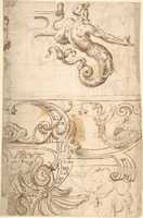 Free download Merman with Strapwork, Above Strapwork and Snails (recto); Grotesques with Caryatid Term Figures (verso) free photo or picture to be edited with GIMP online image editor
