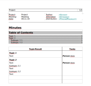 Modèle gratuit de formulaire de minutes avec des tâches valables pour LibreOffice, OpenOffice, Microsoft Word, Excel, Powerpoint et Office 365