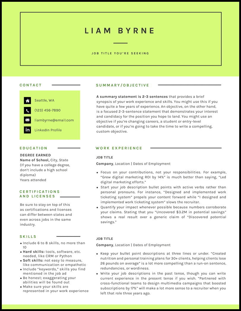 A modern limelight Word resume template