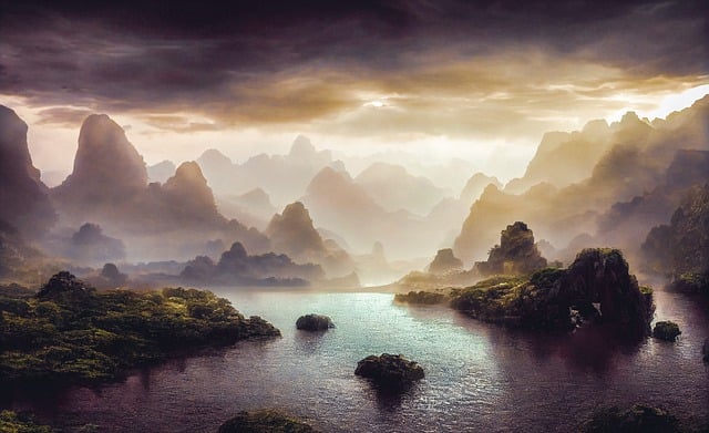 Descarga gratuita montañas rocas niebla puesta de sol fantasía imagen gratuita para editar con el editor de imágenes en línea gratuito GIMP
