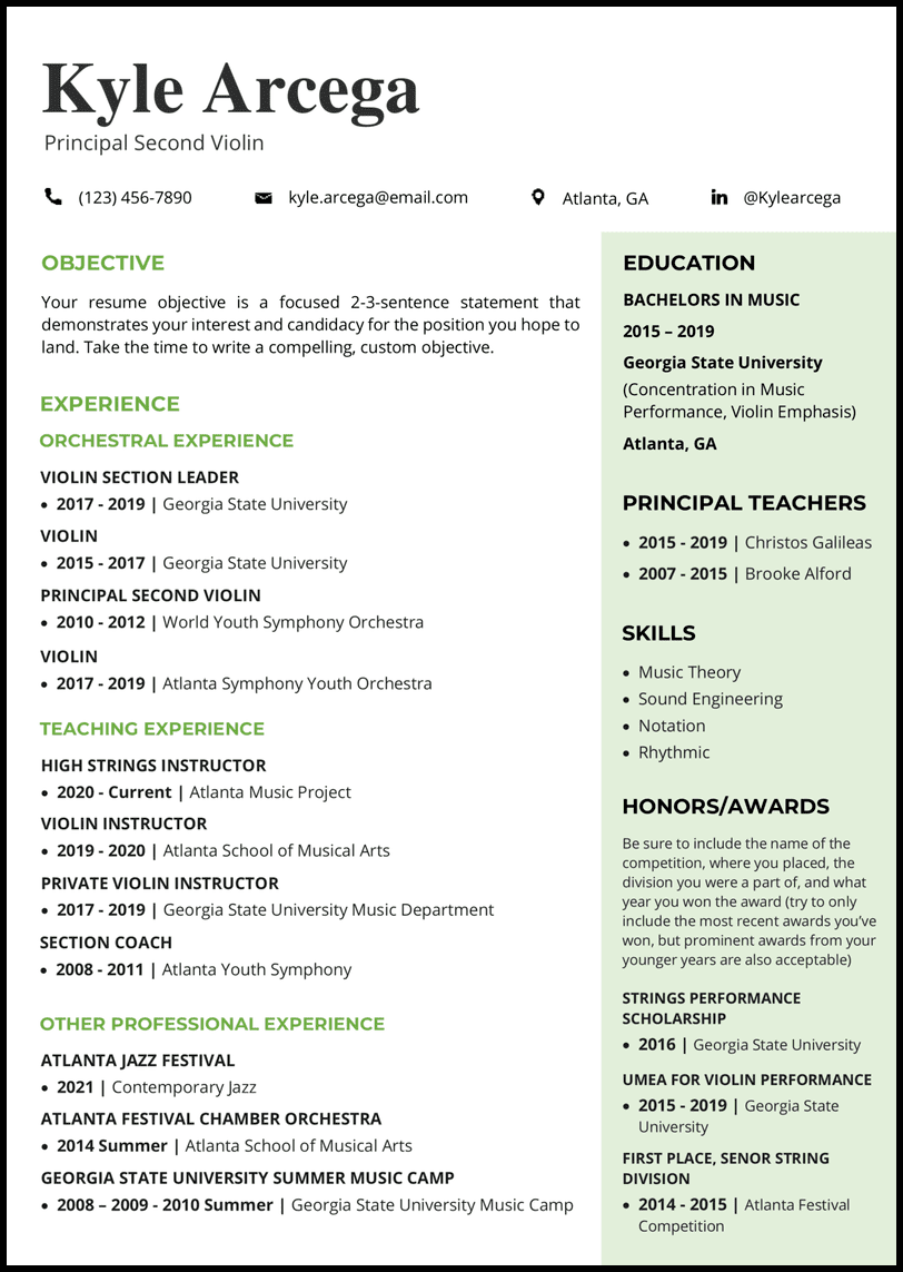 Music Microsoft Word resume template with green sidebar