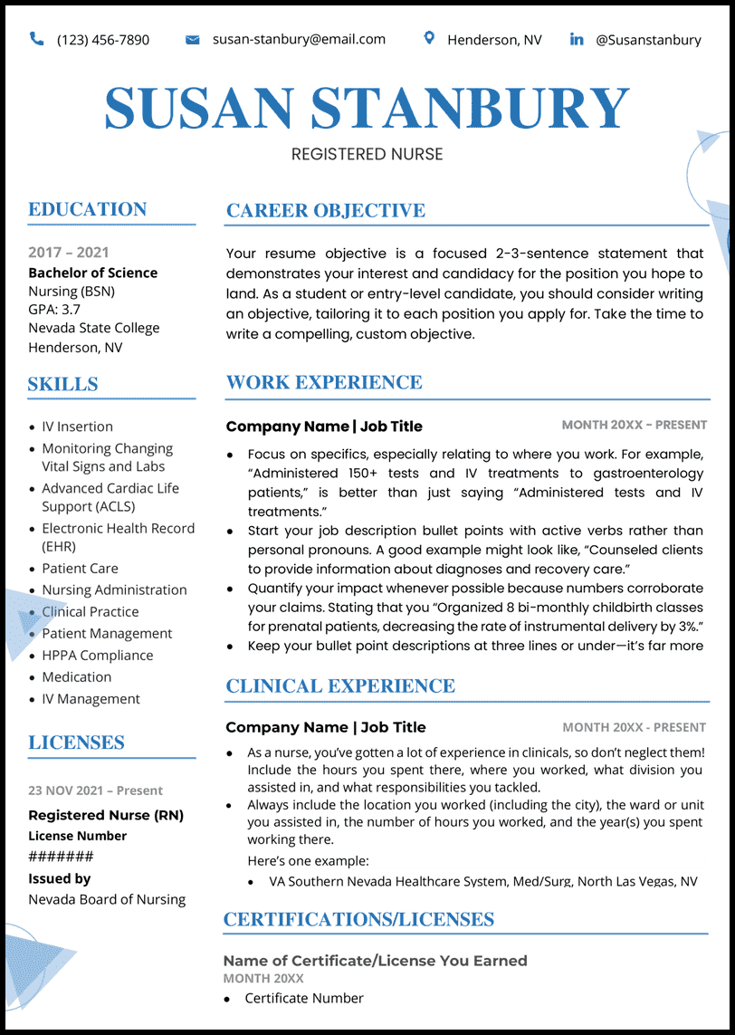Template ng resume ng Nursing Microsoft Word na may mga asul na header at asul na tatsulok