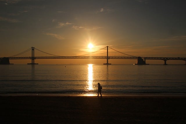 הורדה חינם של Ocean sunrise person bridge תמונה בחינם לעריכה עם עורך תמונות מקוון בחינם של GIMP