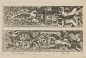Free download Plate from Frise, Feuillage ou Tritons Marins, Right Panel with Putti in Foliage above a Vase carried by Two Satyrs free photo or picture to be edited with GIMP online image editor