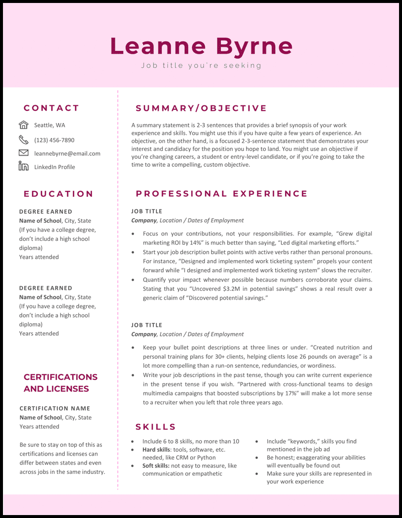 A pretty in pink Word resume template