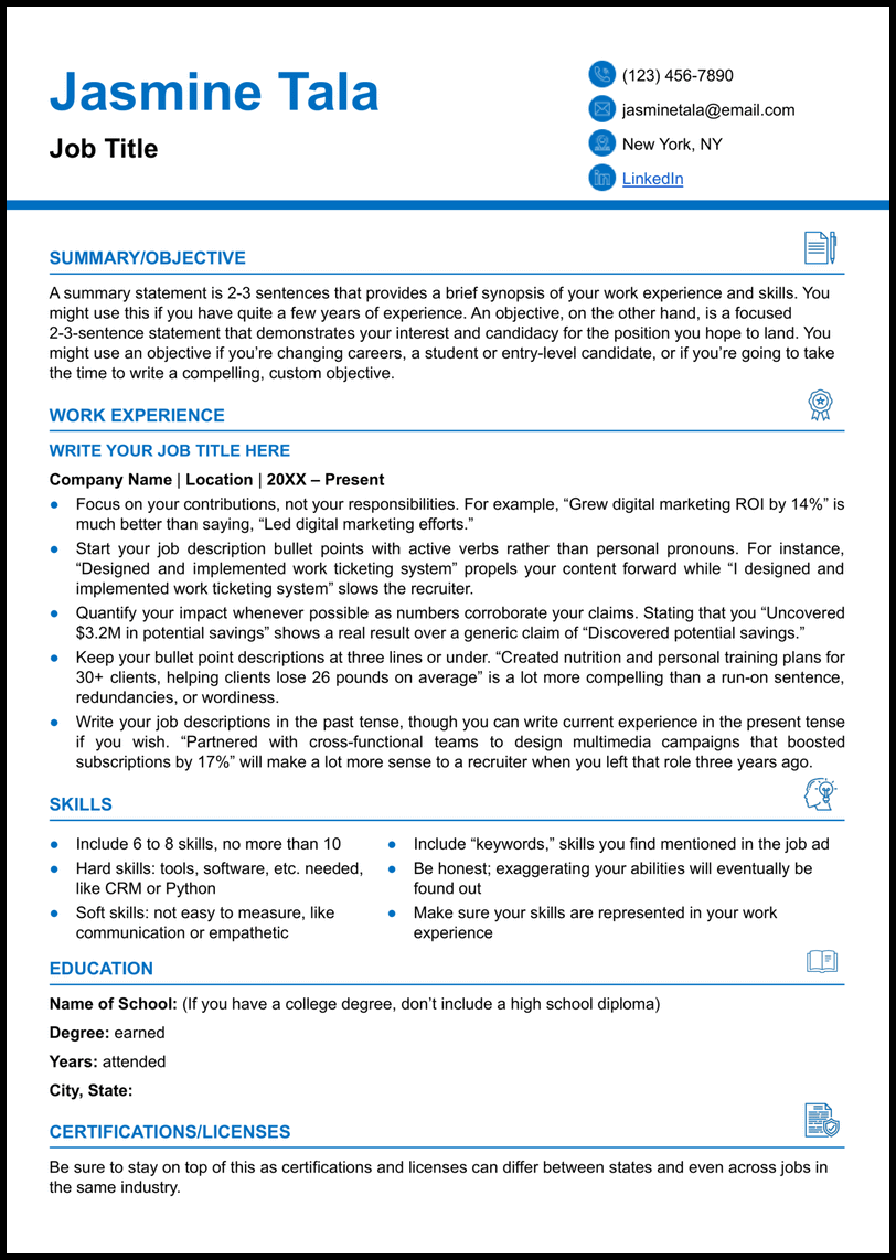 Professional Microsoft Word resume template with blude headers and icons