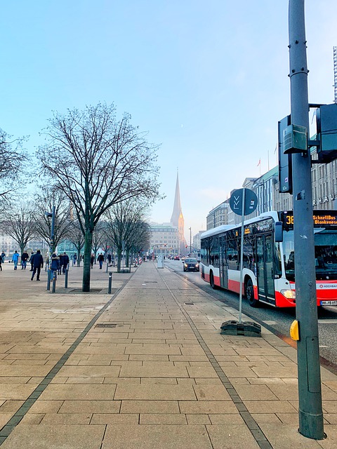 Kostenloser Download Straßenpflaster Bäume Lampost Bus kostenloses Bild, das mit dem kostenlosen Online-Bildeditor GIMP bearbeitet werden kann