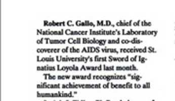 Free download Robert Gallo receives the Jesuit Sword of Ignatius of Loyola, Journal Of The National Cancer Institute Volume 80 Issue 18, pg. 1440 free photo or picture to be edited with GIMP online image editor