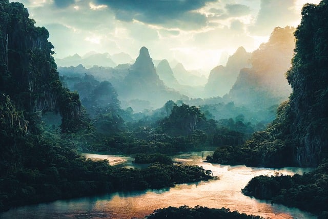 Descarga gratuita de rocas, árboles, montañas, niebla, puesta de sol, imagen gratuita para editar con el editor de imágenes en línea gratuito GIMP