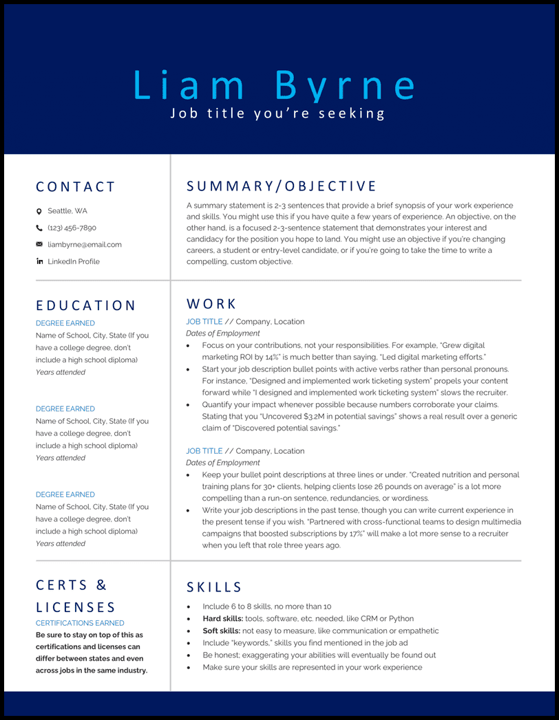 A royal blue Word resume template