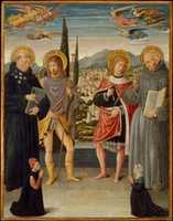 Free download Saints Nicholas of Tolentino, Roch, Sebastian, and Bernardino of Siena, with Kneeling Donors free photo or picture to be edited with GIMP online image editor