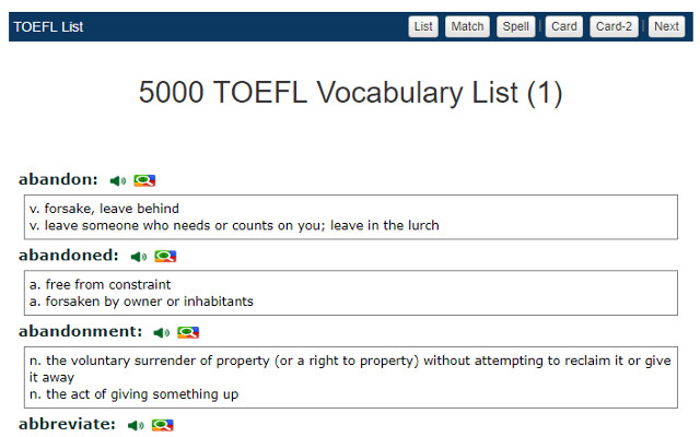 Elenco di vocaboli 5000 TOEFL dal negozio web di Chrome da eseguire con OffiDocs Chromium online