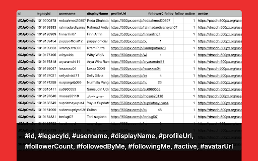 500Fo Export followers for 500px  from Chrome web store to be run with OffiDocs Chromium online