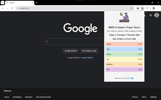 9M2PJU Islamic Prayer Times  from Chrome web store to be run with OffiDocs Chromium online