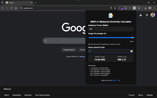 9M2PJU Malaysia Electricity Calculator  from Chrome web store to be run with OffiDocs Chromium online