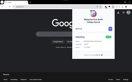 9M2PJU Malaysian Ham Radio Callsign Search  from Chrome web store to be run with OffiDocs Chromium online