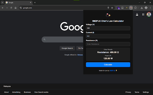 9M2PJU Ohms Law Calculator  from Chrome web store to be run with OffiDocs Chromium online