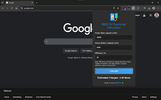 9M2PJU Recharge Calculator  from Chrome web store to be run with OffiDocs Chromium online
