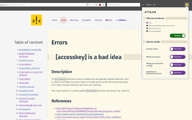 a11y.css  from Chrome web store to be run with OffiDocs Chromium online