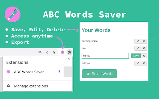 ABC Words Saver  from Chrome web store to be run with OffiDocs Chromium online