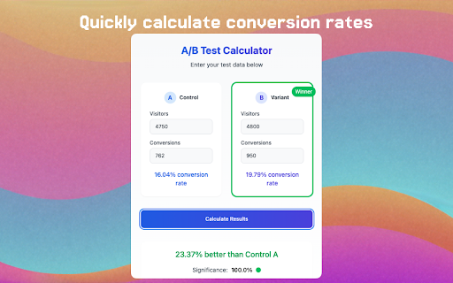 A/B Test Calculator  from Chrome web store to be run with OffiDocs Chromium online
