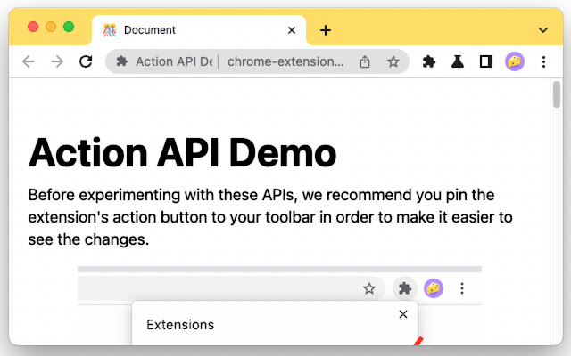 Action API Demo  from Chrome web store to be run with OffiDocs Chromium online