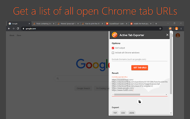 Active Tab Exporter for Chrome  from Chrome web store to be run with OffiDocs Chromium online