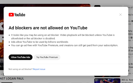 Ad Blockers are not allowed on Youtube bypass  from Chrome web store to be run with OffiDocs Chromium online