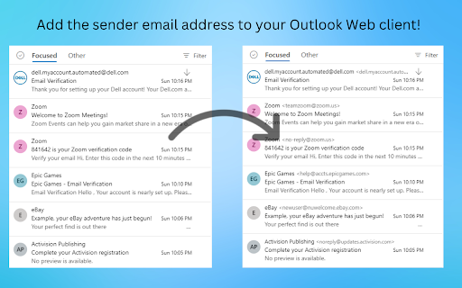 Add Sender Email Address to Outlook  from Chrome web store to be run with OffiDocs Chromium online