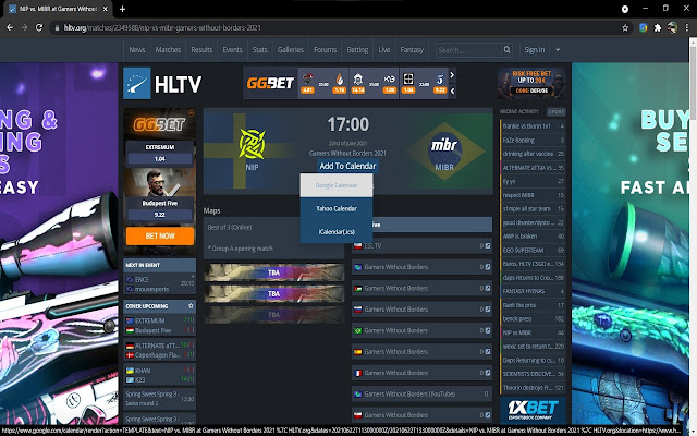 AddToCalendar for HLTV.org  from Chrome web store to be run with OffiDocs Chromium online