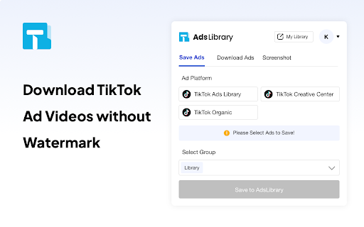 Ad Library：Downloader for TikTok video without watermark  from Chrome web store to be run with OffiDocs Chromium online