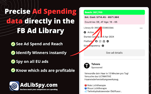 AdLibSpy See Spend in FB Ads Library  from Chrome web store to be run with OffiDocs Chromium online