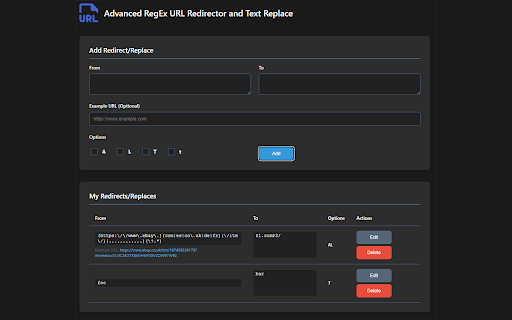 Advanced RegEx URL Redirector and Text Replace  from Chrome web store to be run with OffiDocs Chromium online