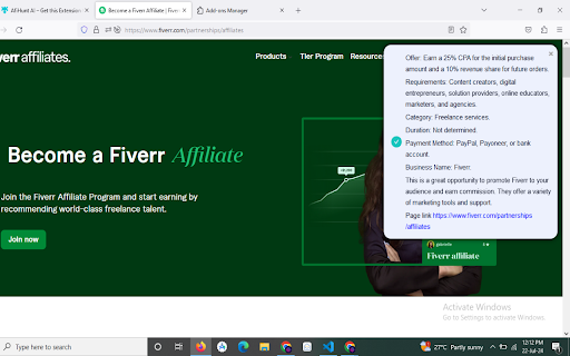 AfiHunt AI affiliate extension  from Chrome web store to be run with OffiDocs Chromium online