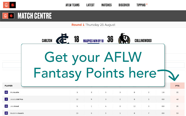 AFLW Fantasy Points  from Chrome web store to be run with OffiDocs Chromium online