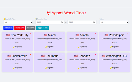 Agami World Clock  from Chrome web store to be run with OffiDocs Chromium online