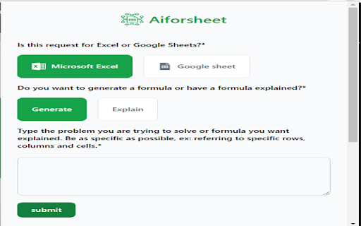 Aiforsheet : Generate Excel Formulas and Google Sheet Formulas with AI  from Chrome web store to be run with OffiDocs Chromium online