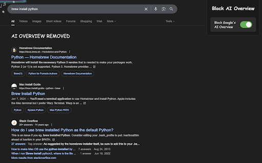 AI Overview Deleter  from Chrome web store to be run with OffiDocs Chromium online