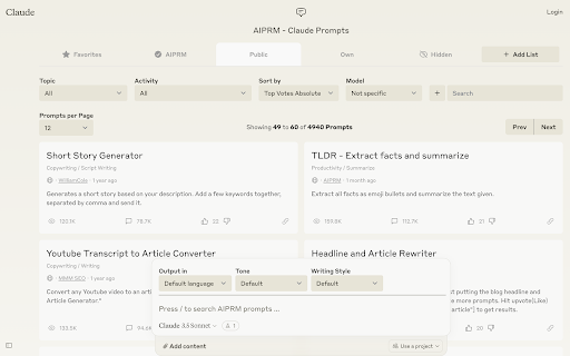AIPRM for Claude  from Chrome web store to be run with OffiDocs Chromium online