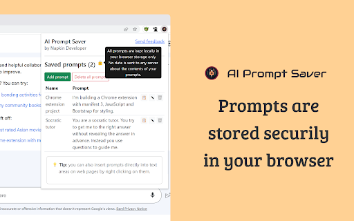 AI Prompt Saver  from Chrome web store to be run with OffiDocs Chromium online