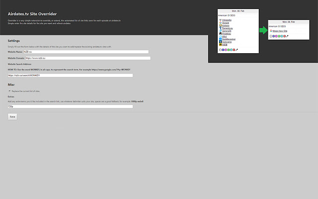 Airdates.tv Site Overrider  from Chrome web store to be run with OffiDocs Chromium online