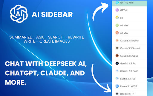 AI Sidebar with Deepseek, ChatGPT, Claude and more.  from Chrome web store to be run with OffiDocs Chromium online